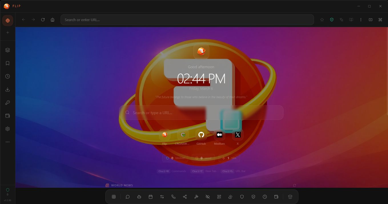 Flip Browser — full UI with sidebar, tabs, and extension panel